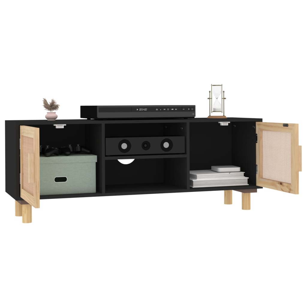 Tv-meubel 105x30x40 cm massief grenenhout en rattan zwart is nu te koop bij PeponiXL, paradijselijk wonen!