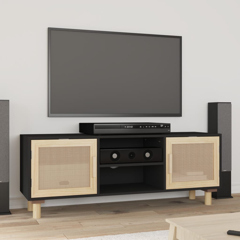 Tv-meubel 105x30x40 cm massief grenenhout en rattan zwart is nu te koop bij PeponiXL, paradijselijk wonen!
