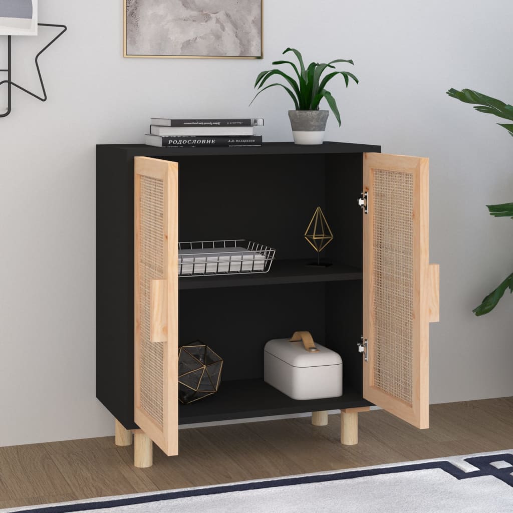 Dressoir 60x30x70 cm massief grenen hout en rattan zwart is nu te koop bij PeponiXL, paradijselijk wonen!