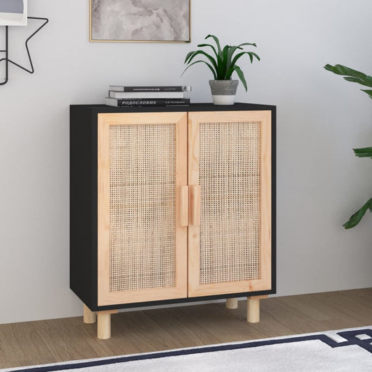 Dressoir 60x30x70 cm massief grenen hout en rattan zwart is nu te koop bij PeponiXL, paradijselijk wonen!