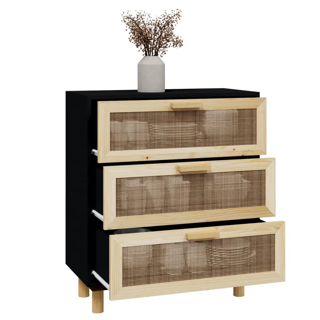 Dressoir 60x30x70 cm massief grenen hout en rattan zwart is nu te koop bij PeponiXL, paradijselijk wonen!