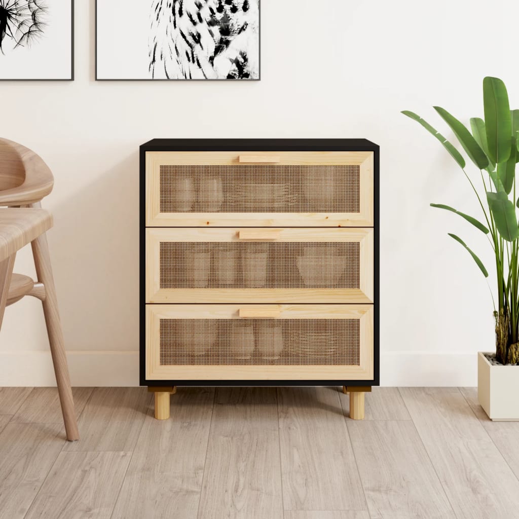 Dressoir 60x30x70 cm massief grenen hout en rattan zwart is nu te koop bij PeponiXL, paradijselijk wonen!