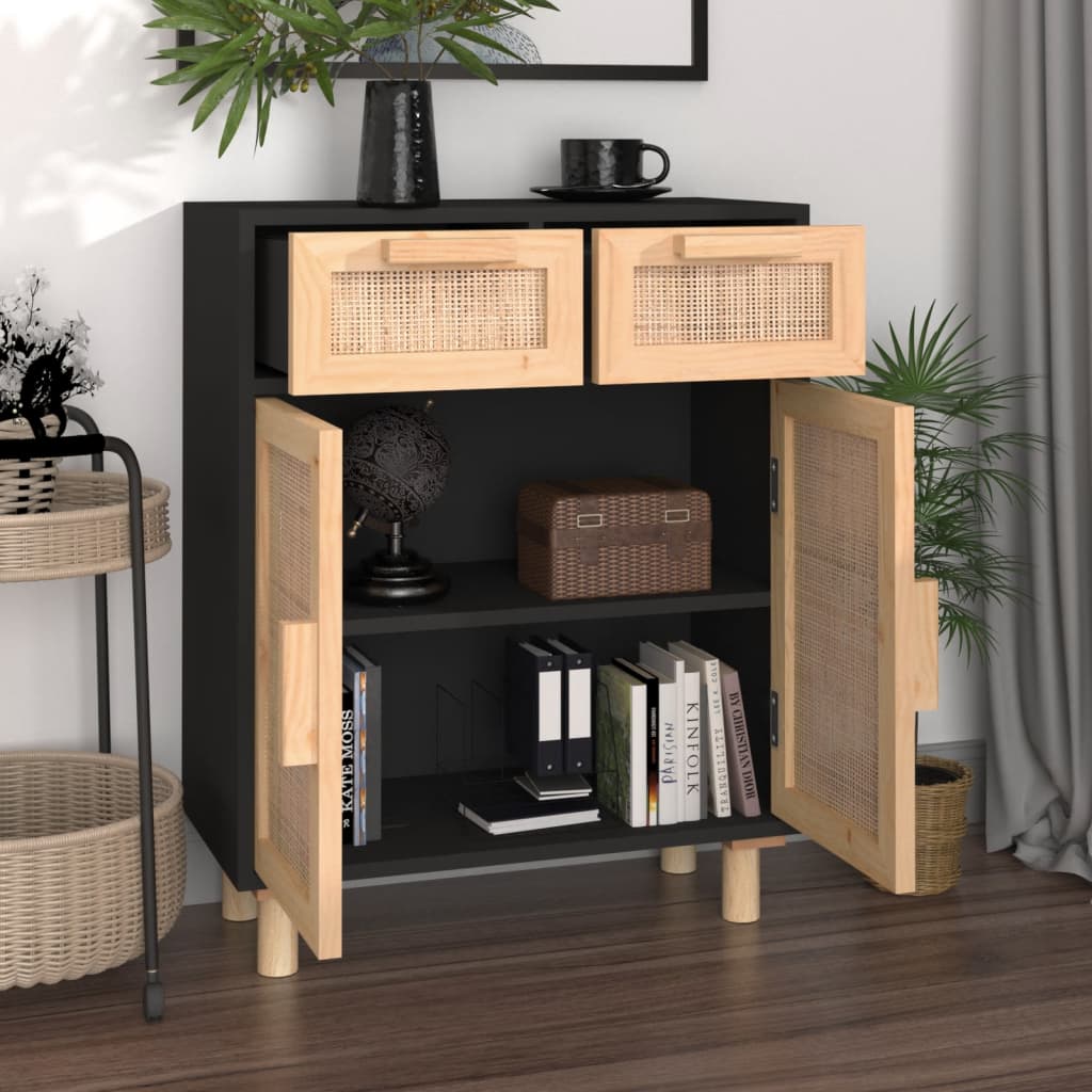 Dressoir 60x30x75 cm massief grenen hout en rattan zwart is nu te koop bij PeponiXL, paradijselijk wonen!