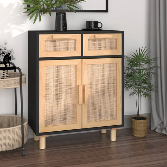 Dressoir 60x30x75 cm massief grenen hout en rattan zwart is nu te koop bij PeponiXL, paradijselijk wonen!
