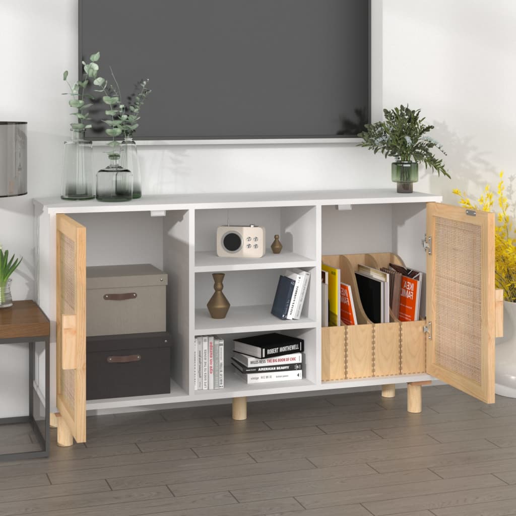 Dressoir 105x30x60 cm massief grenenhout en rattan wit is nu te koop bij PeponiXL, paradijselijk wonen!