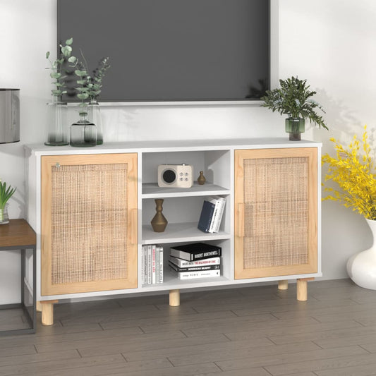 Dressoir 105x30x60 cm massief grenenhout en rattan wit is nu te koop bij PeponiXL, paradijselijk wonen!