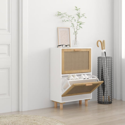 Schoenenkast 52x25x80 cm bewerkt hout en natuurlijk rattan wit is nu te koop bij PeponiXL, paradijselijk wonen!