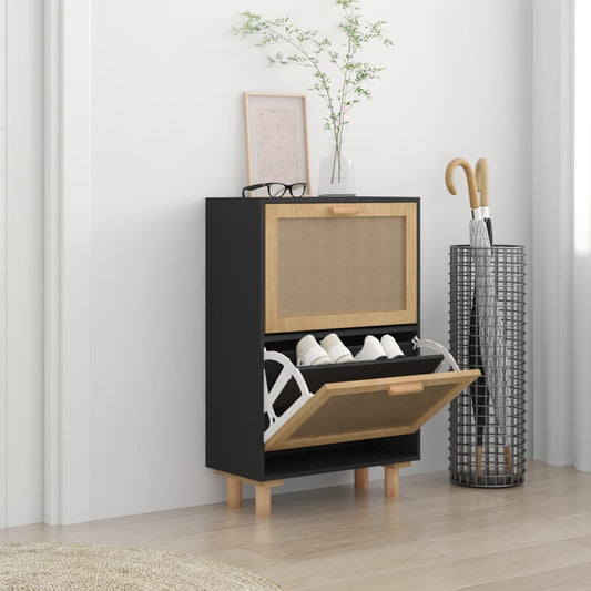 Schoenenkast 52x25x80 cm bewerkt hout en rattan zwart is nu te koop bij PeponiXL, paradijselijk wonen!