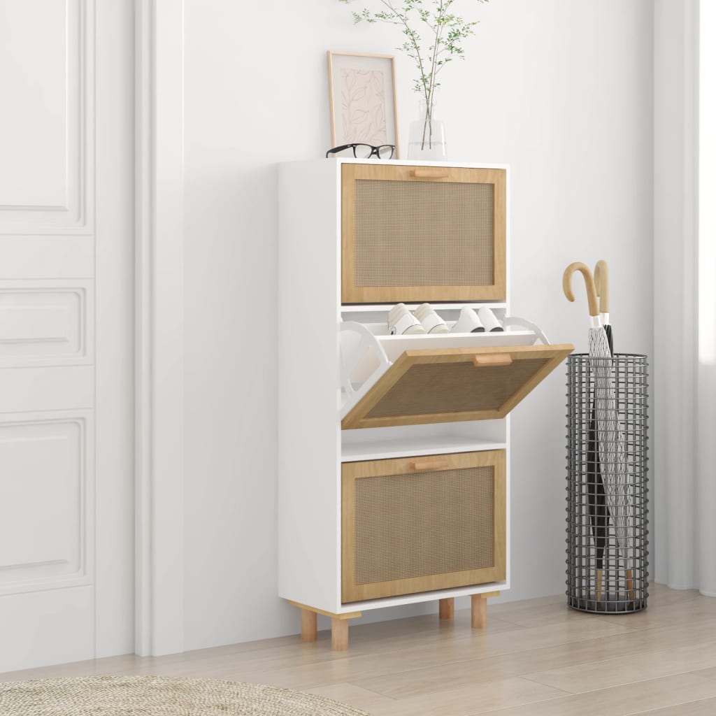 Schoenenkast 52x25x115 cm bewerkt hout en natuurlijk rattan wit is nu te koop bij PeponiXL, paradijselijk wonen!