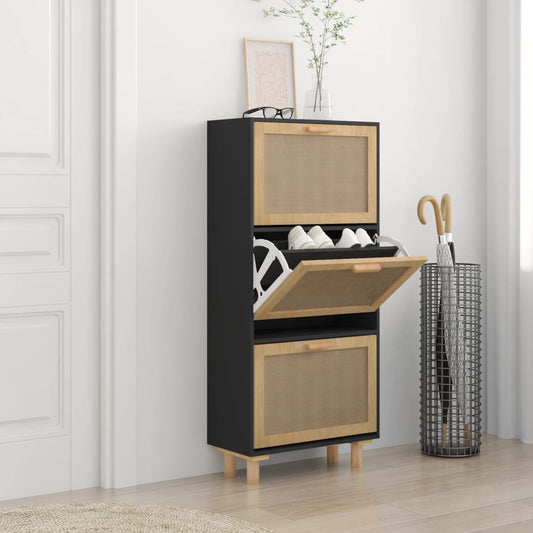 Schoenenkast 52x25x115 cm bewerkt hout en rattan zwart is nu te koop bij PeponiXL, paradijselijk wonen!