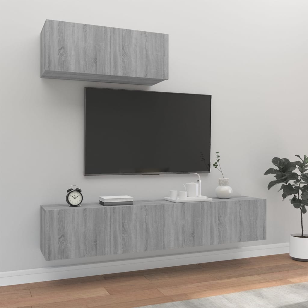3-delige Tv-meubelset bewerkt hout grijs sonoma eikenkleurig is nu te koop bij PeponiXL, paradijselijk wonen!