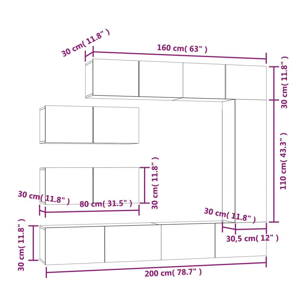 7-delige Tv-meubelset bewerkt hout grijs sonoma eikenkleurig is nu te koop bij PeponiXL, paradijselijk wonen!