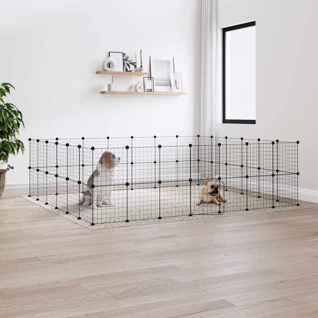 Huisdierenkooi met deur 52 panelen 35x35 cm staal zwart is nu te koop bij PeponiXL, paradijselijk wonen!
