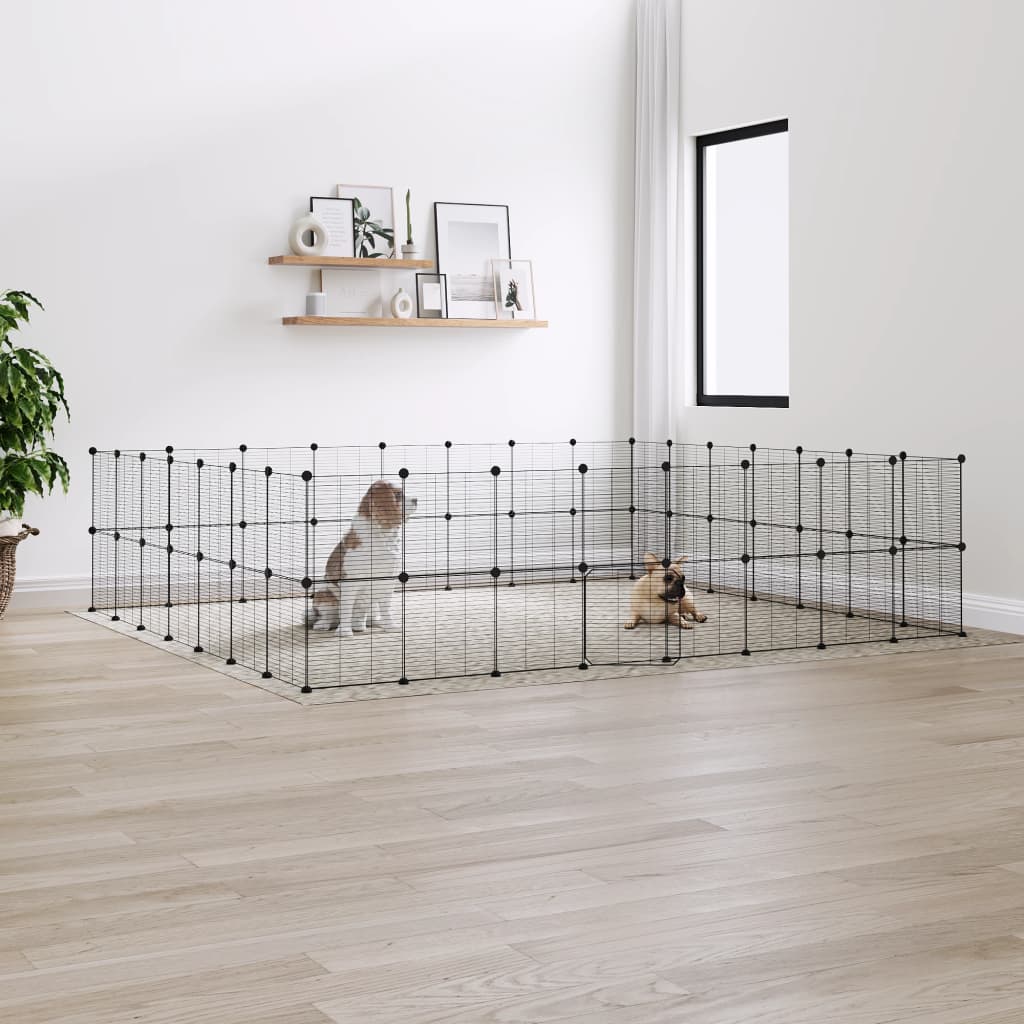 Huisdierenkooi met deur 60 panelen 35x35 cm staal zwart is nu te koop bij PeponiXL, paradijselijk wonen!