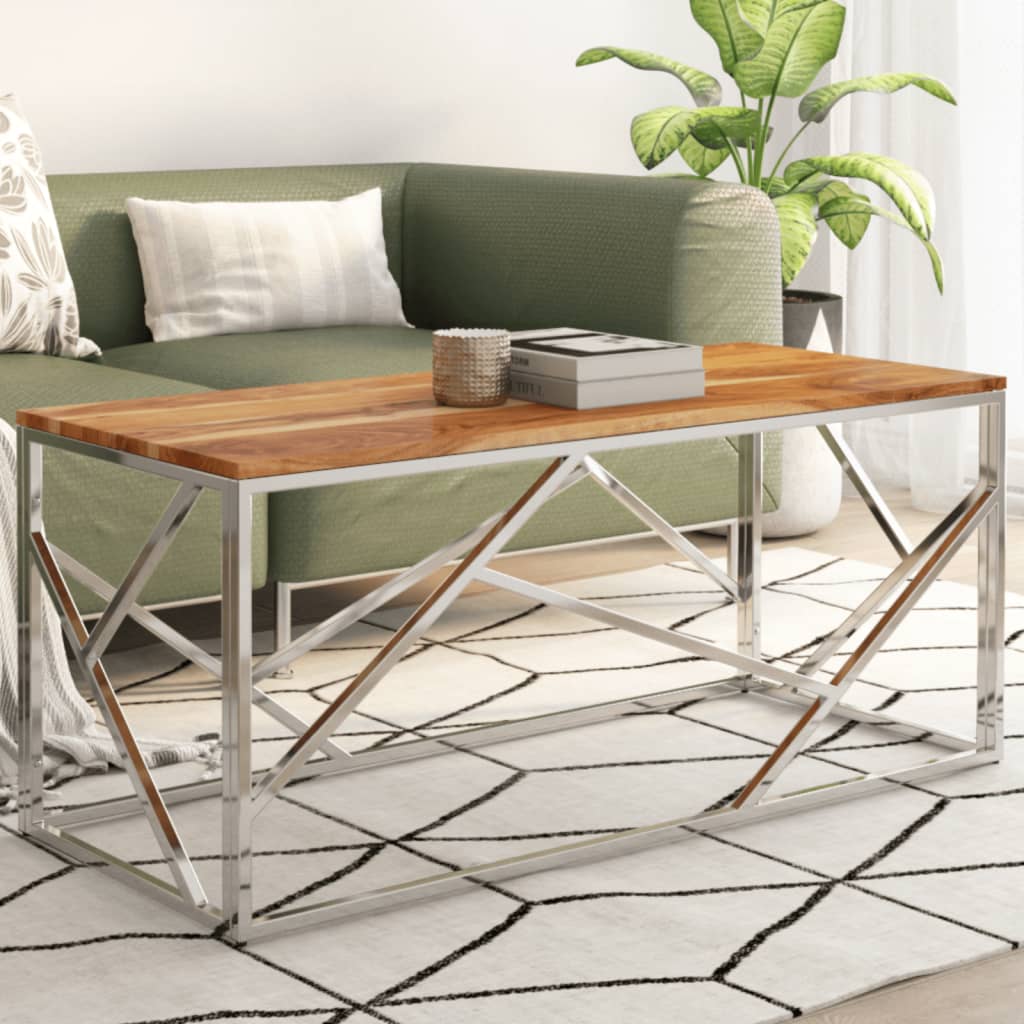 Salontafel roestvrij staal en massief acaciahout zilverkleurig is nu te koop bij PeponiXL, paradijselijk wonen!