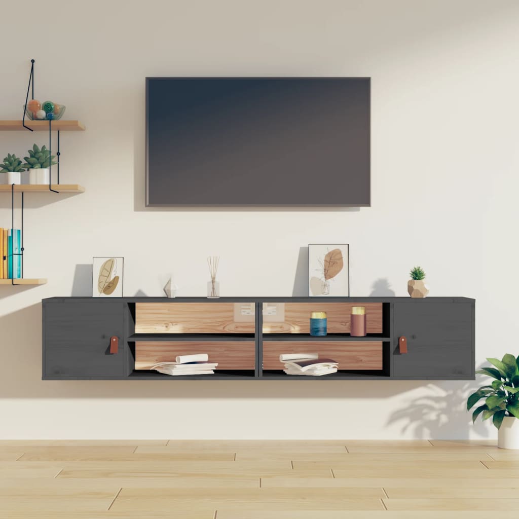 Wandkasten 2 st 80x30x30 cm massief grenenhout grijs is nu te koop bij PeponiXL, paradijselijk wonen!
