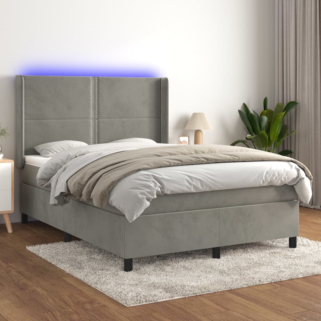 Boxspring met matras en LED fluweel lichtgrijs 140x190 cm is nu te koop bij PeponiXL, paradijselijk wonen!