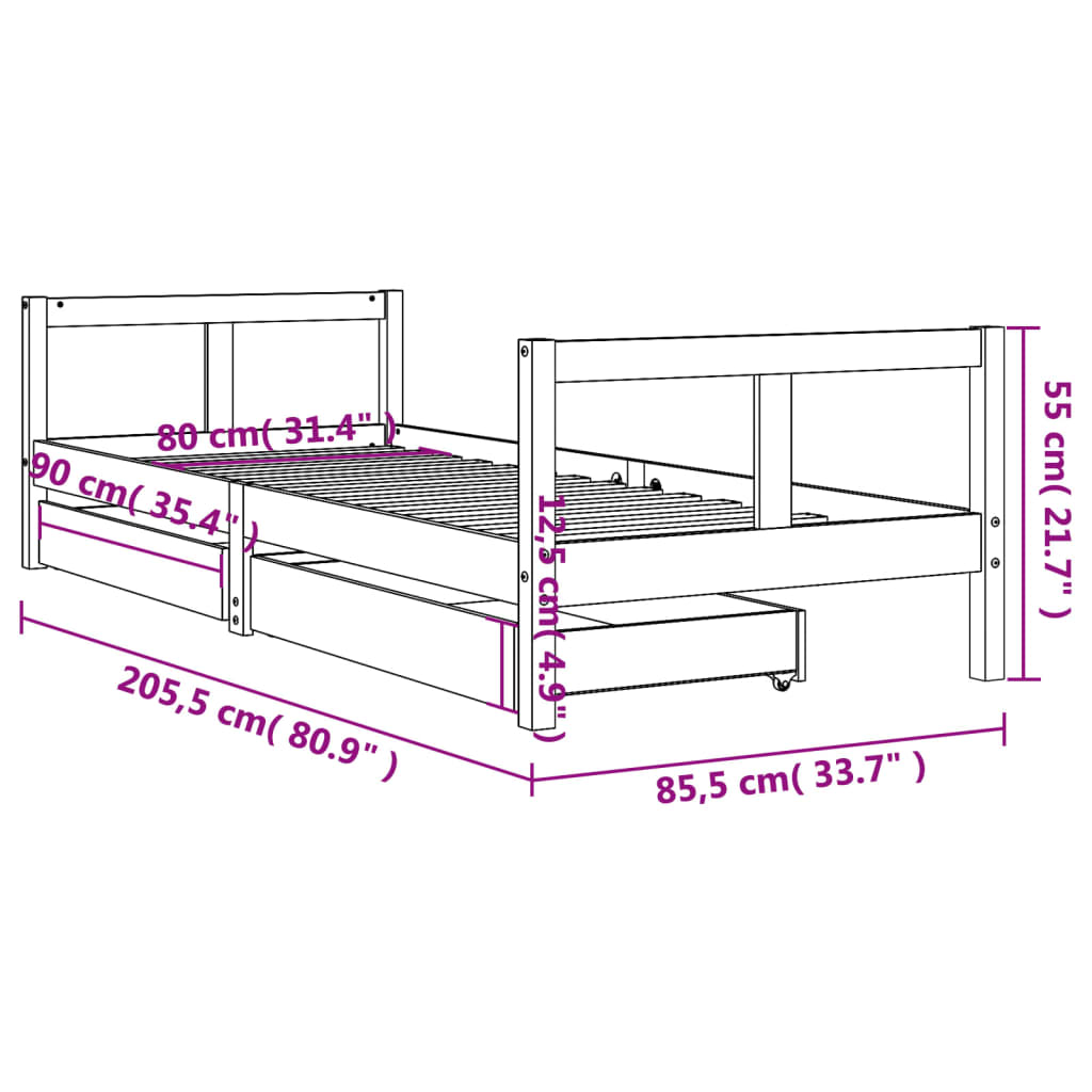 Kinderbedframe met lades 80x200 cm massief grenenhout is nu te koop bij PeponiXL, paradijselijk wonen!