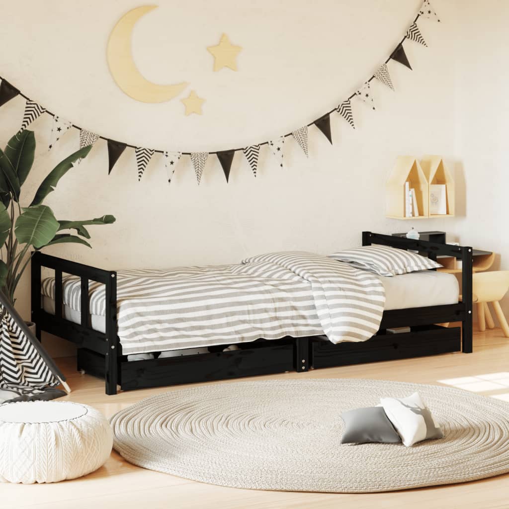 Kinderbedframe met lades 90x200 cm massief grenenhout zwart is nu te koop bij PeponiXL, paradijselijk wonen!