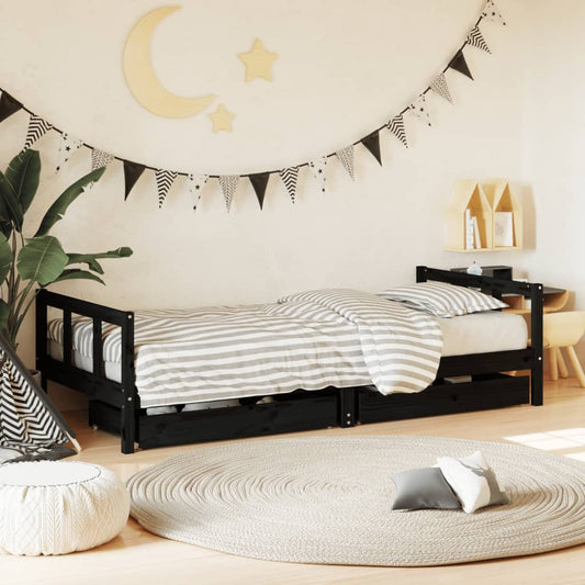 Kinderbedframe met lades 90x200 cm massief grenenhout zwart is nu te koop bij PeponiXL, paradijselijk wonen!