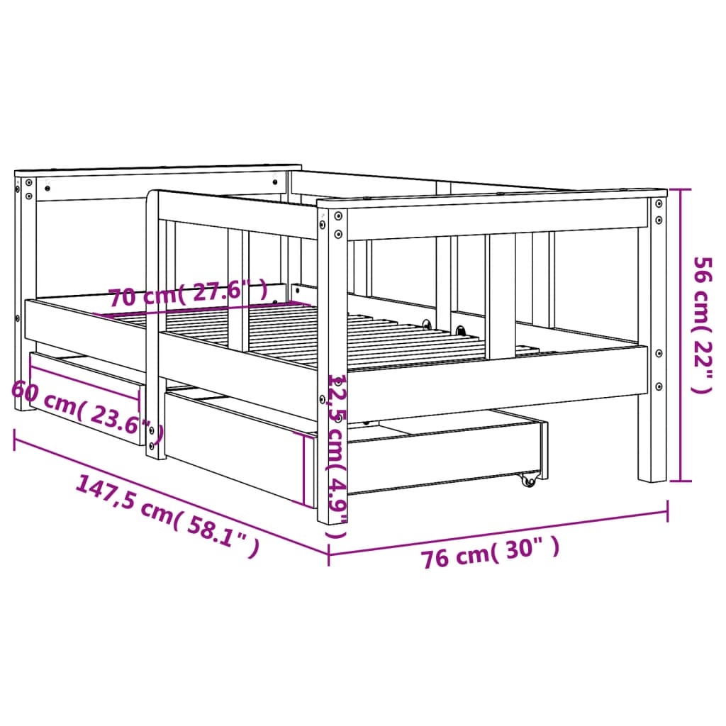 Kinderbedframe met lades 70x140 cm massief grenenhout wit is nu te koop bij PeponiXL, paradijselijk wonen!