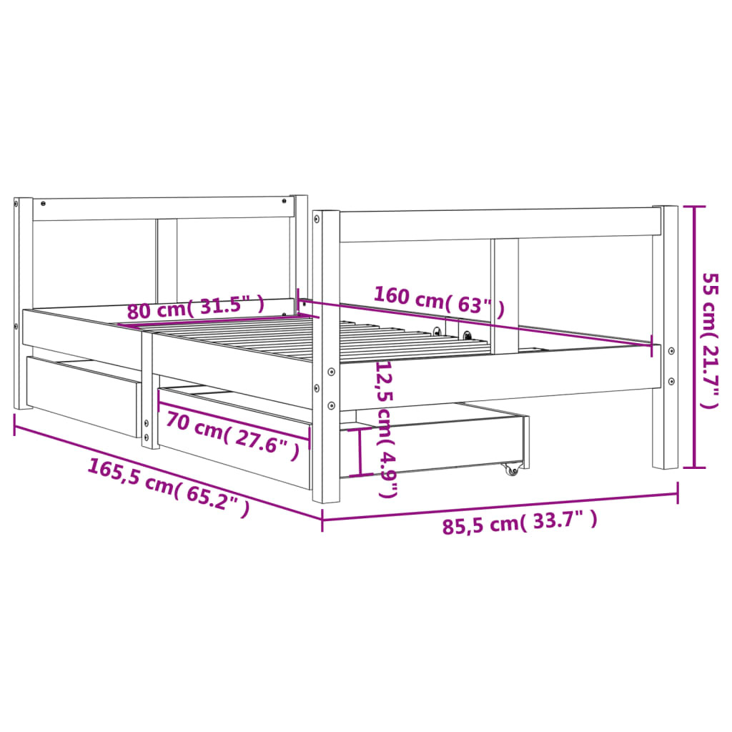 Kinderbedframe met lades 80x160 cm massief grenenhout wit is nu te koop bij PeponiXL, paradijselijk wonen!