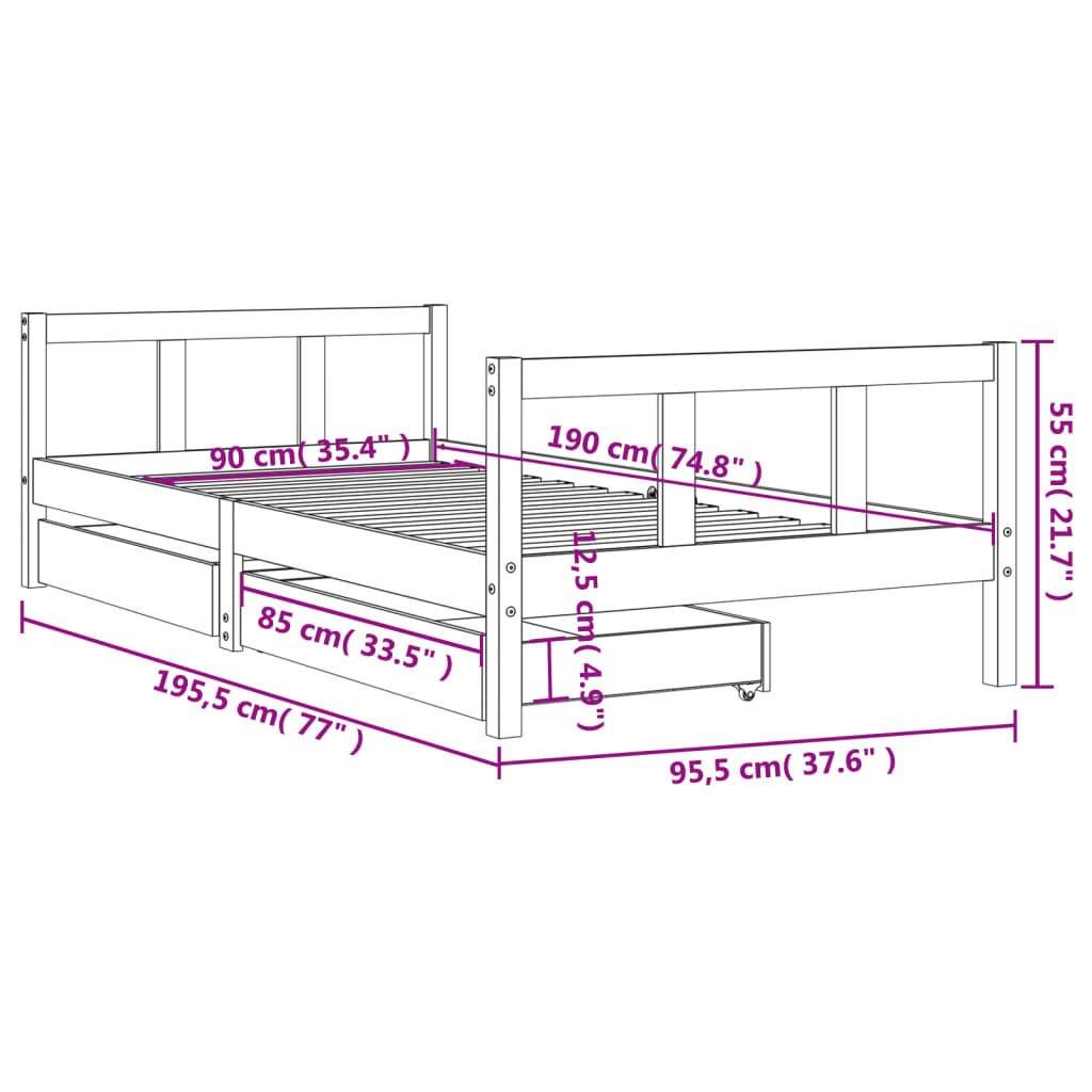 Kinderbedframe met lades 90x190 cm massief grenenhout is nu te koop bij PeponiXL, paradijselijk wonen!