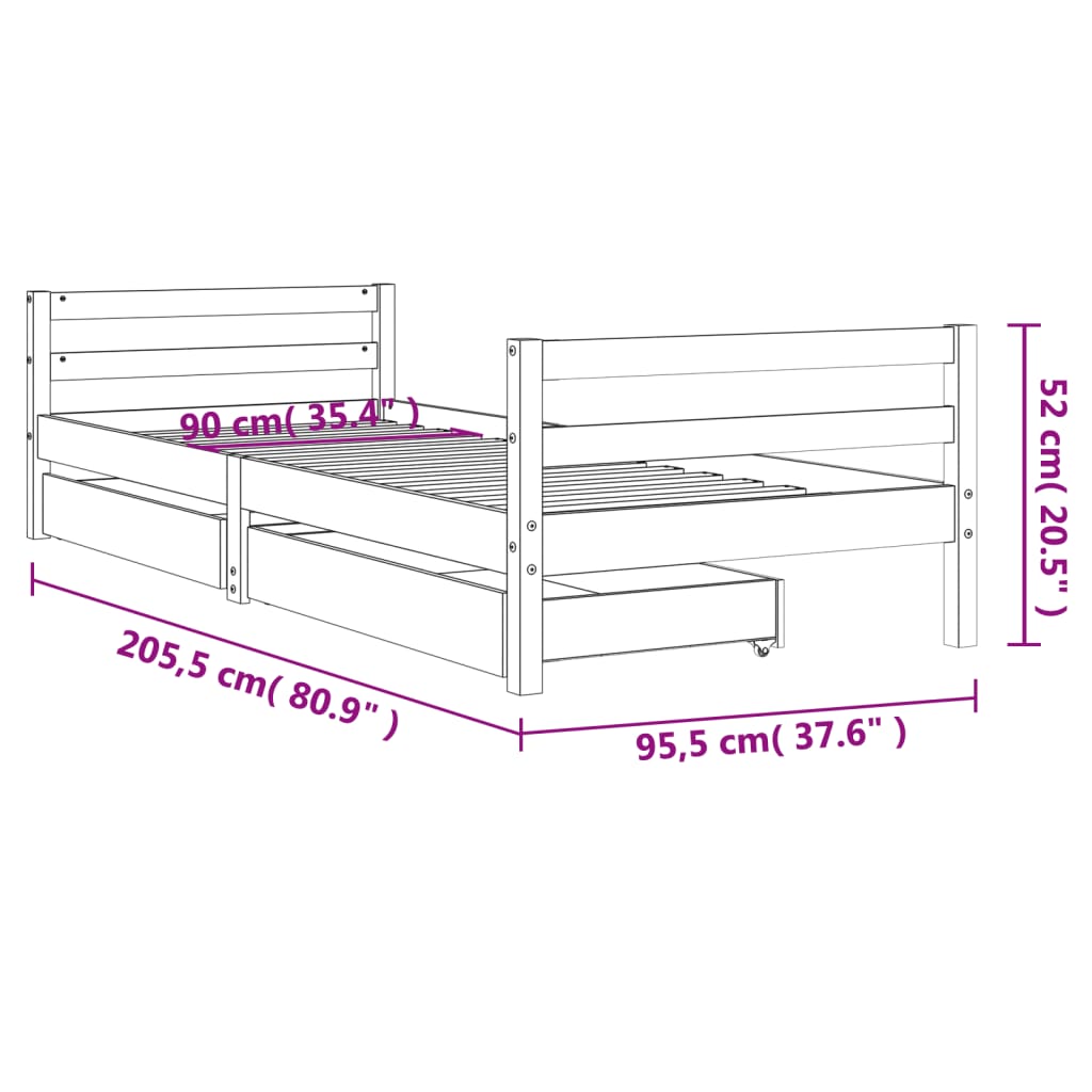 Kinderbedframe met lades 90x200 cm massief grenenhout is nu te koop bij PeponiXL, paradijselijk wonen!