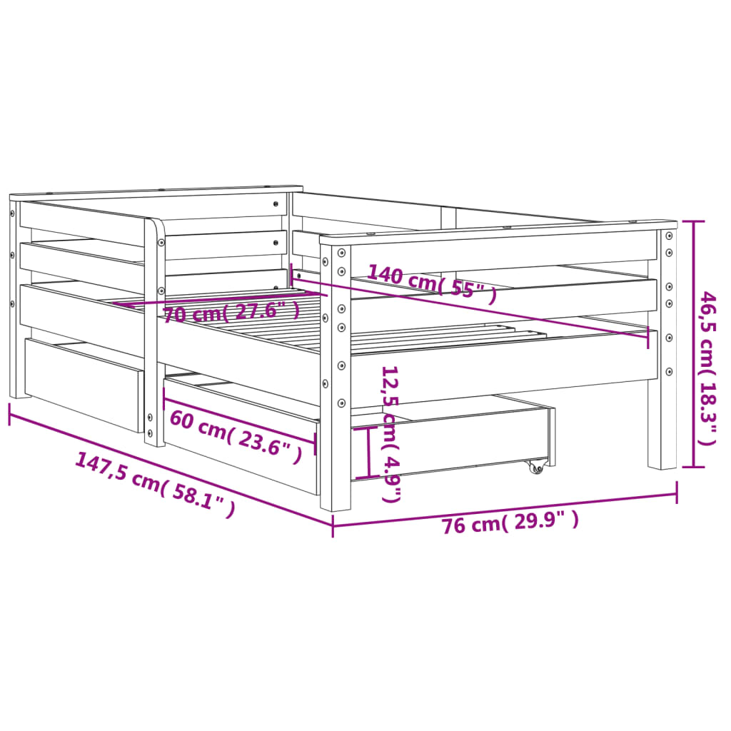 Kinderbedframe met lades 70x140 cm massief grenenhout wit is nu te koop bij PeponiXL, paradijselijk wonen!