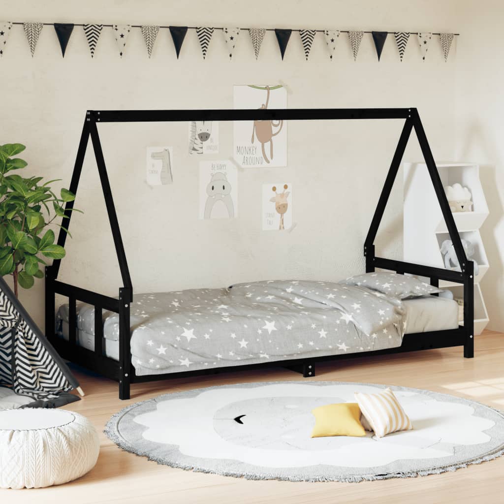 Kinderbedframe 90x200 cm massief grenenhout zwart is nu te koop bij PeponiXL, paradijselijk wonen!
