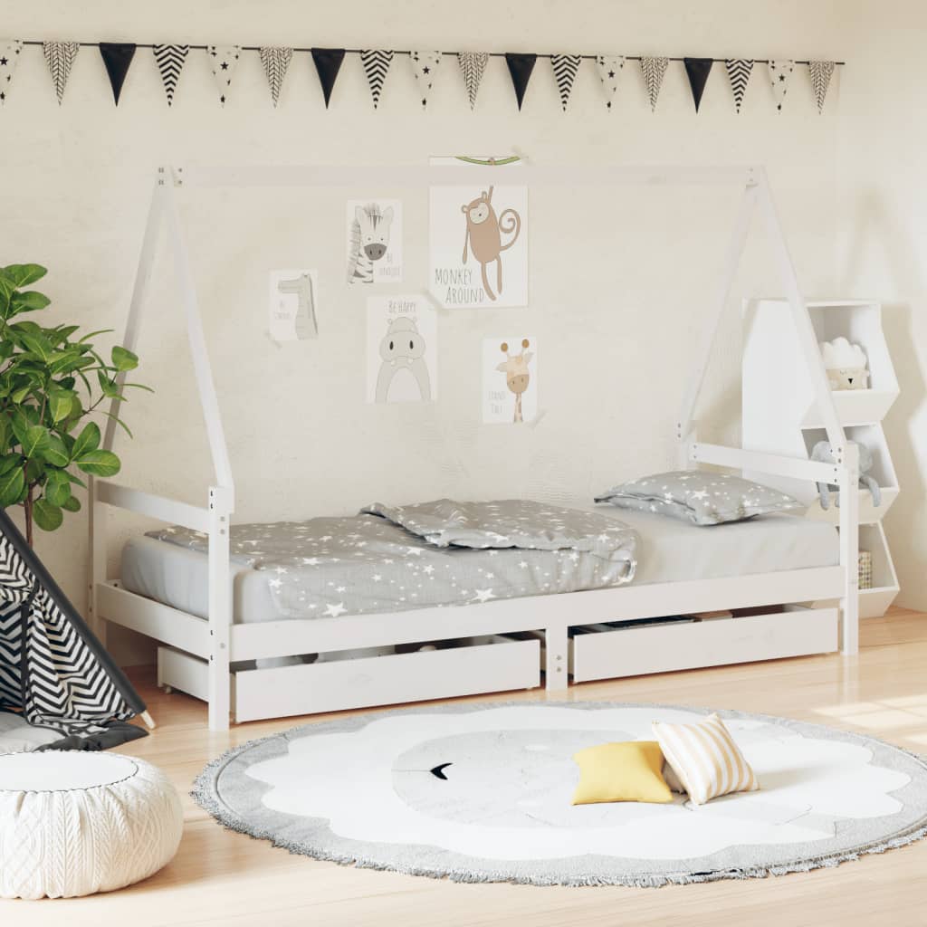 Kinderbedframe met lades 90x200 cm massief grenenhout wit is nu te koop bij PeponiXL, paradijselijk wonen!