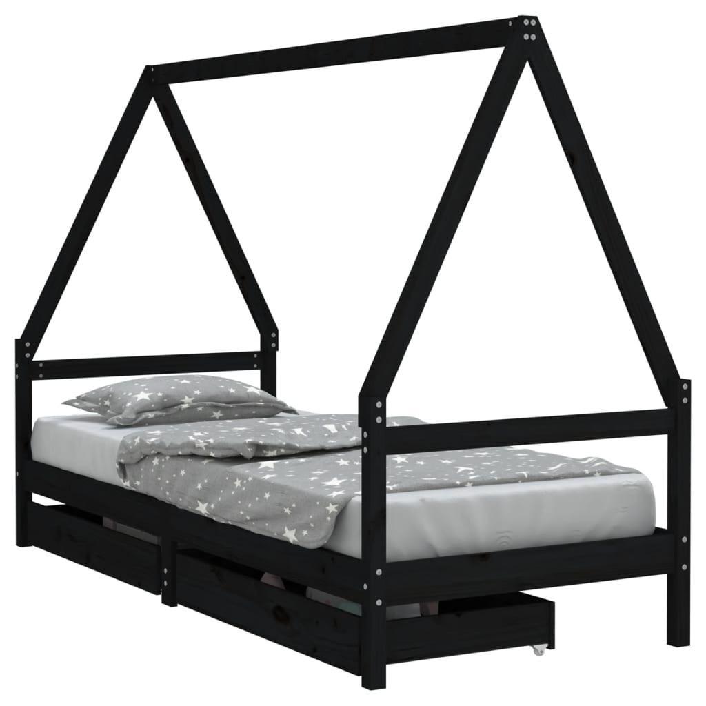 Kinderbedframe met lades 90x200 cm massief grenenhout zwart is nu te koop bij PeponiXL, paradijselijk wonen!