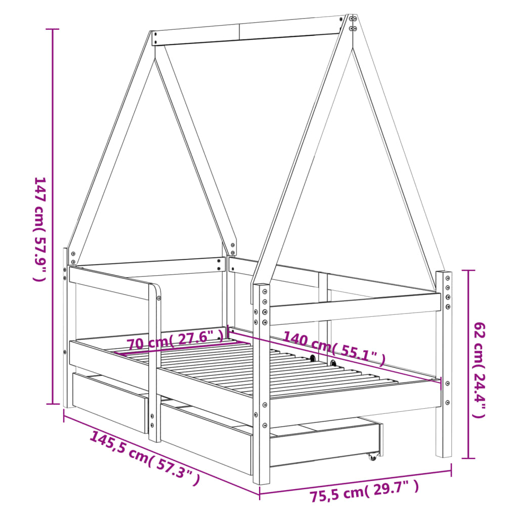 Kinderbedframe met lades 70x140 cm massief grenenhout zwart is nu te koop bij PeponiXL, paradijselijk wonen!