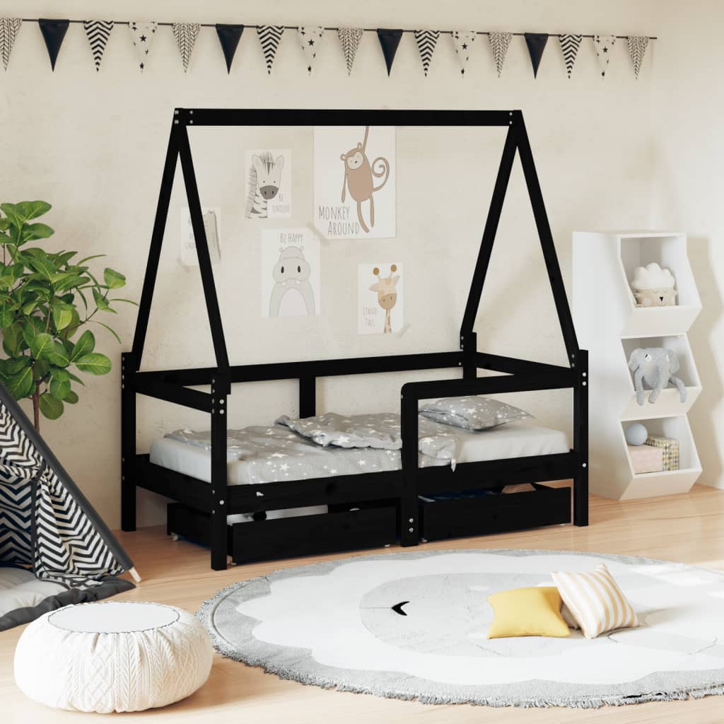 Kinderbedframe met lades 70x140 cm massief grenenhout zwart is nu te koop bij PeponiXL, paradijselijk wonen!