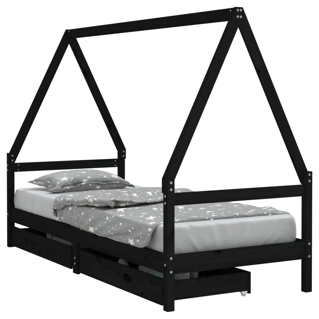 Kinderbedframe met lades 90x190 cm massief grenenhout zwart is nu te koop bij PeponiXL, paradijselijk wonen!