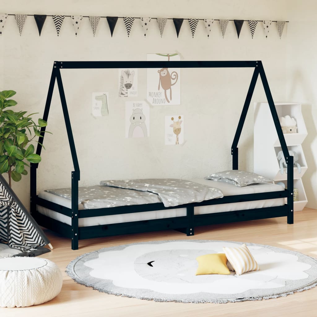 Kinderbedframe 80x200 cm massief grenenhout zwart is nu te koop bij PeponiXL, paradijselijk wonen!