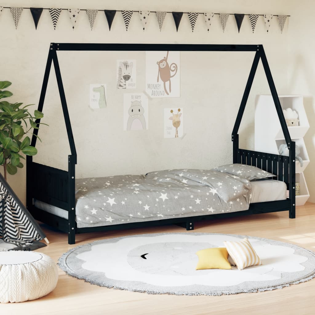 Kinderbedframe 80x200 cm massief grenenhout zwart is nu te koop bij PeponiXL, paradijselijk wonen!