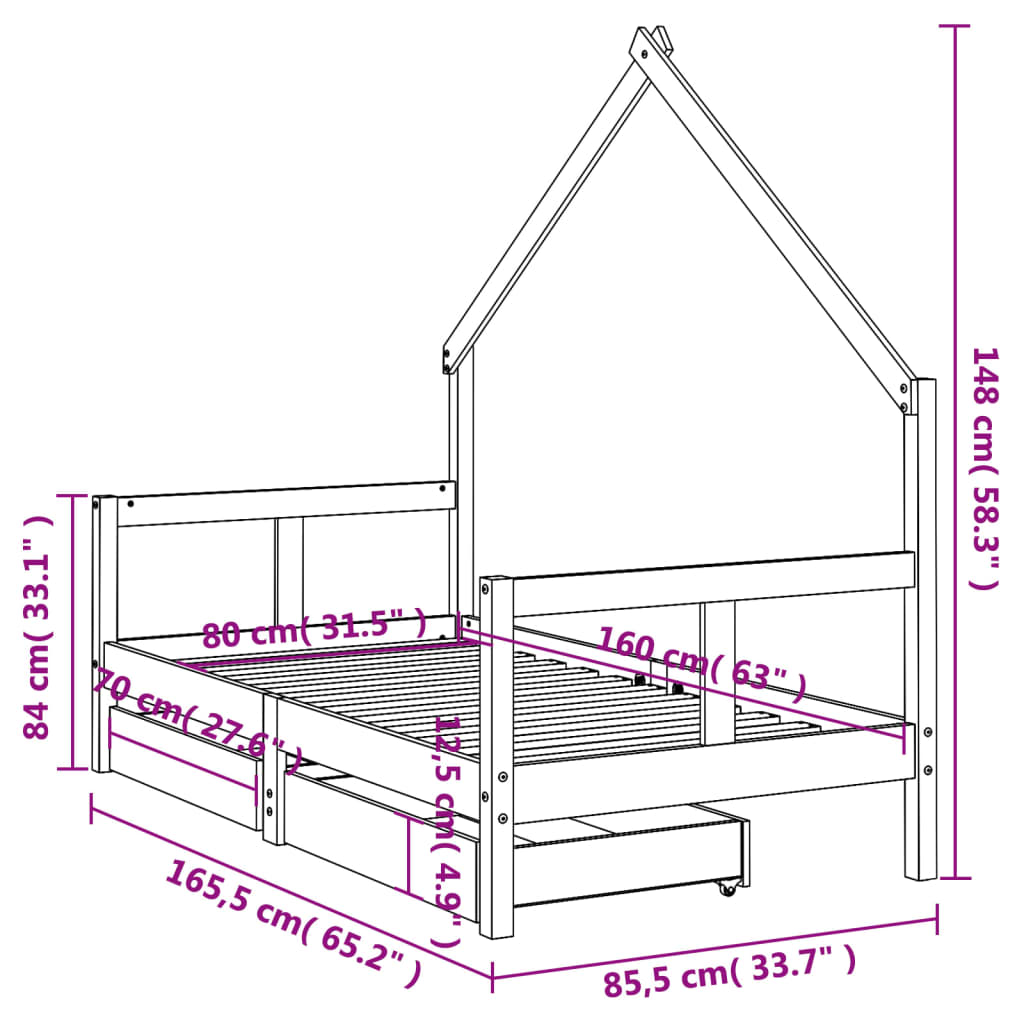 Kinderbedframe met lades 80x160 cm massief grenenhout wit is nu te koop bij PeponiXL, paradijselijk wonen!