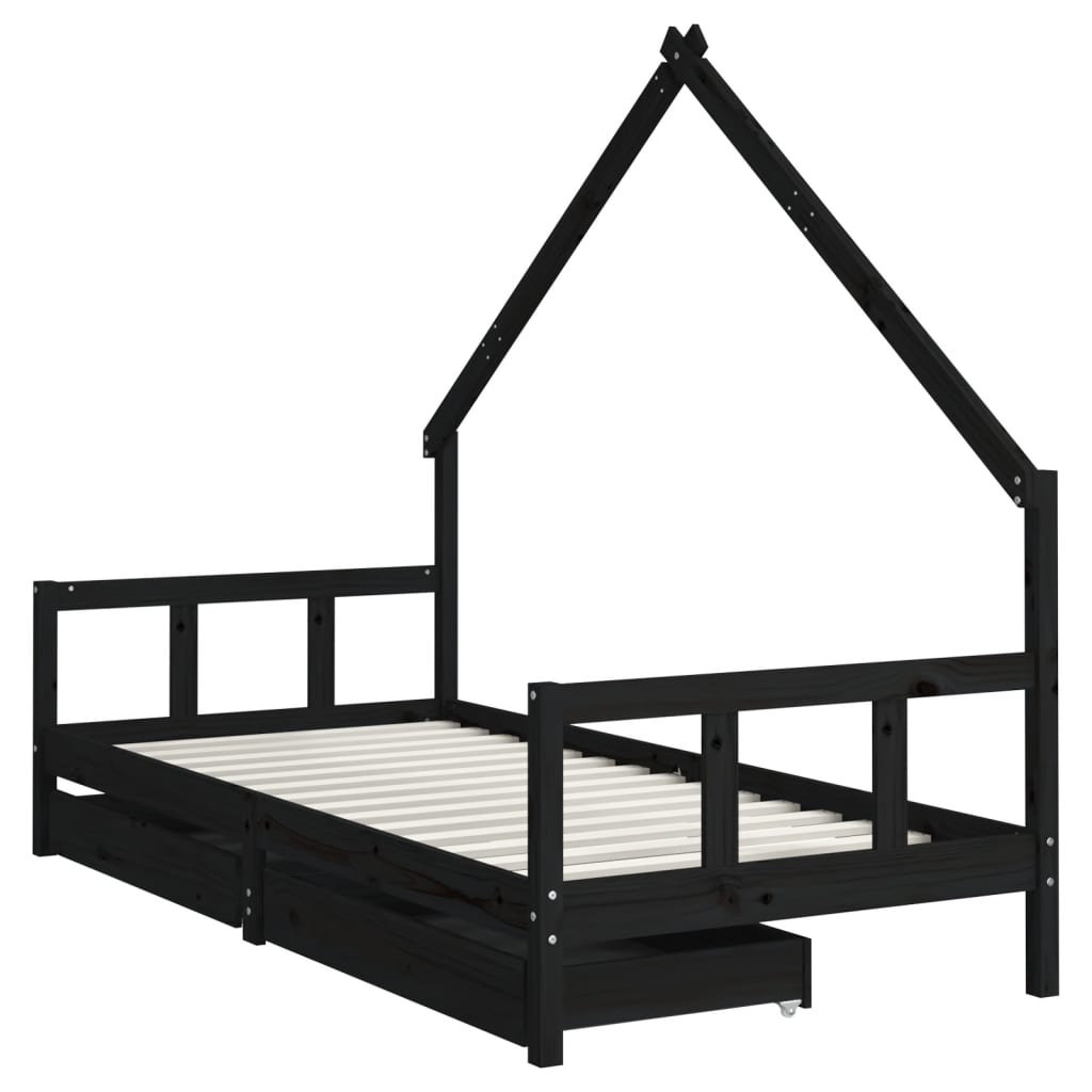 Kinderbedframe met lades 90x190 cm massief grenenhout zwart is nu te koop bij PeponiXL, paradijselijk wonen!