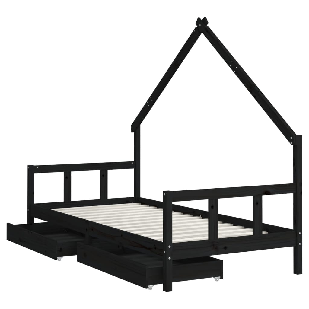 Kinderbedframe met lades 90x190 cm massief grenenhout zwart is nu te koop bij PeponiXL, paradijselijk wonen!