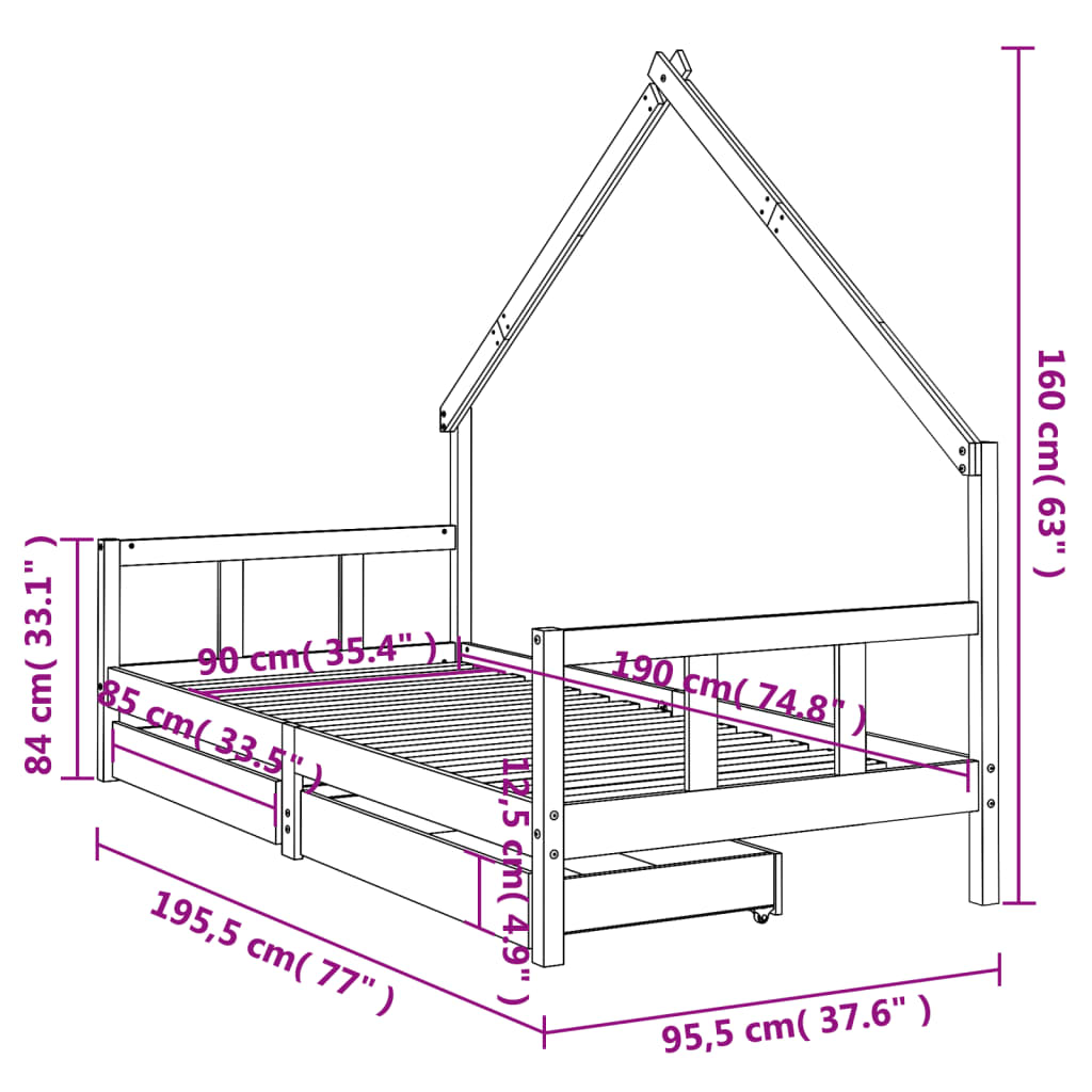 Kinderbedframe met lades 90x190 cm massief grenenhout zwart is nu te koop bij PeponiXL, paradijselijk wonen!