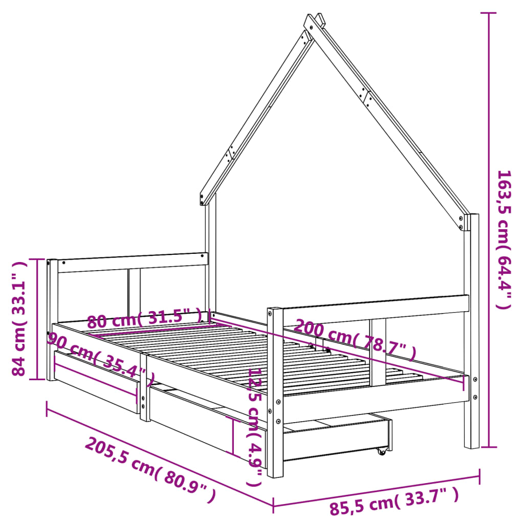 Kinderbedframe met lades 80x200 cm massief grenenhout is nu te koop bij PeponiXL, paradijselijk wonen!