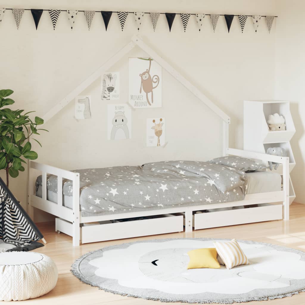 Kinderbedframe met lades 90x200 cm massief grenenhout wit is nu te koop bij PeponiXL, paradijselijk wonen!