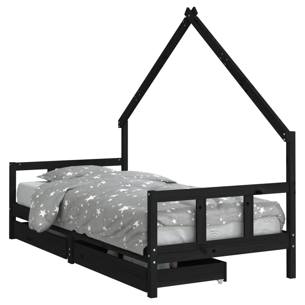 Kinderbedframe met lades 90x200 cm massief grenenhout zwart is nu te koop bij PeponiXL, paradijselijk wonen!