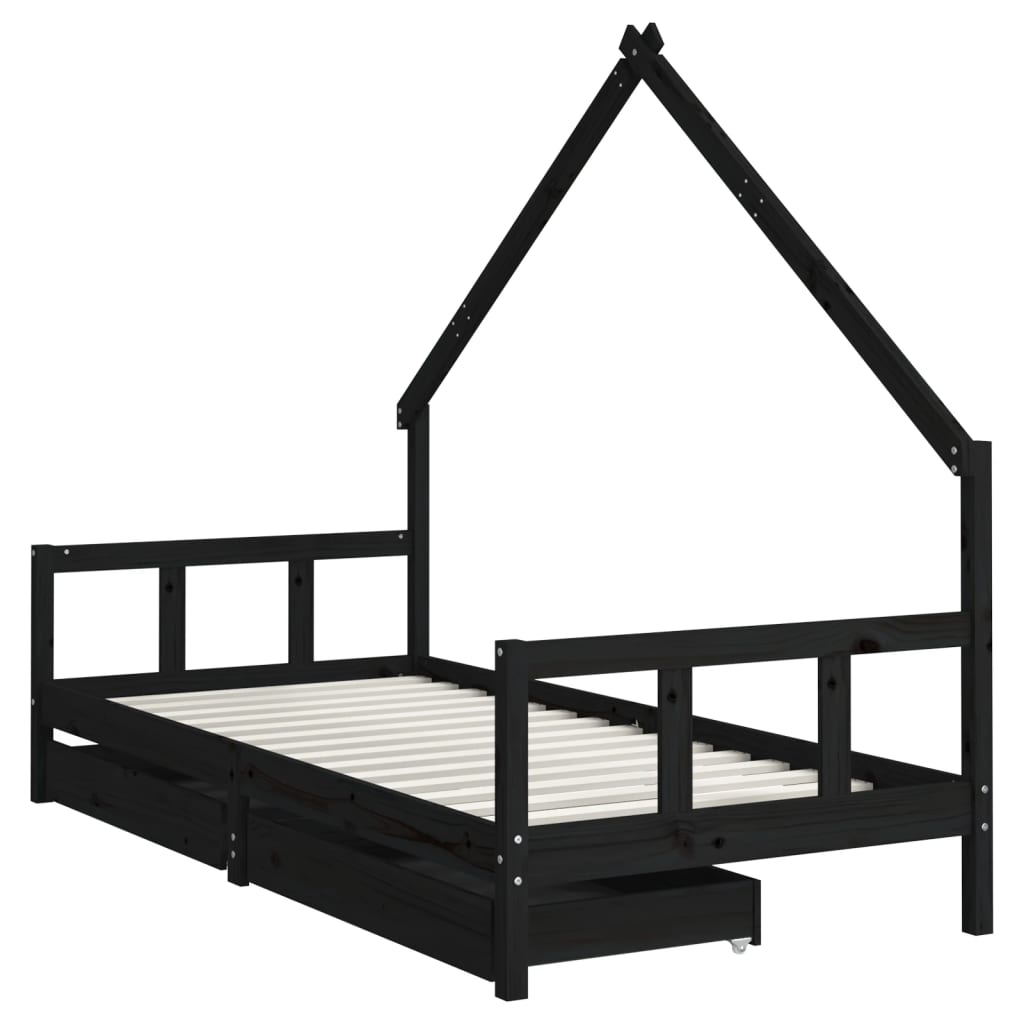 Kinderbedframe met lades 90x200 cm massief grenenhout zwart is nu te koop bij PeponiXL, paradijselijk wonen!