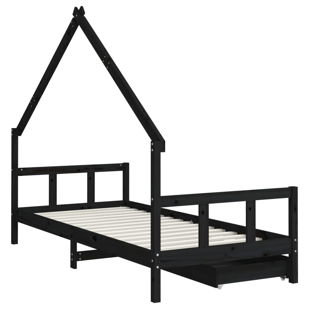 Kinderbedframe met lades 90x200 cm massief grenenhout zwart is nu te koop bij PeponiXL, paradijselijk wonen!