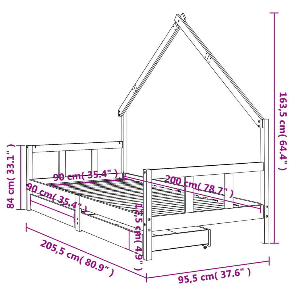 Kinderbedframe met lades 90x200 cm massief grenenhout zwart is nu te koop bij PeponiXL, paradijselijk wonen!