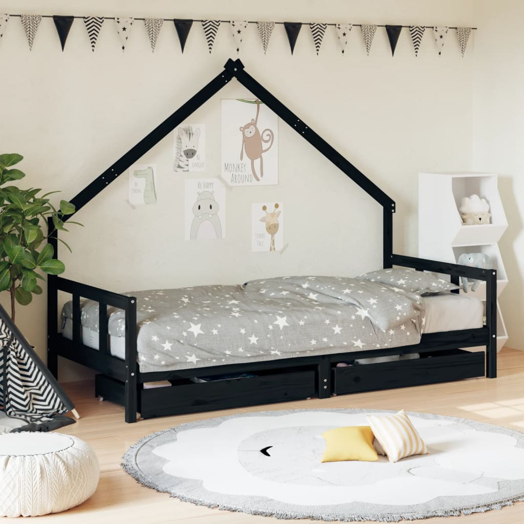 Kinderbedframe met lades 90x200 cm massief grenenhout zwart is nu te koop bij PeponiXL, paradijselijk wonen!