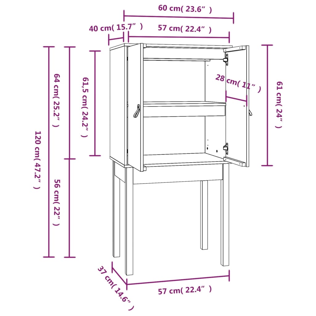 Hoge kast 60x40x120 cm massief grenenhout zwart is nu te koop bij PeponiXL, paradijselijk wonen!
