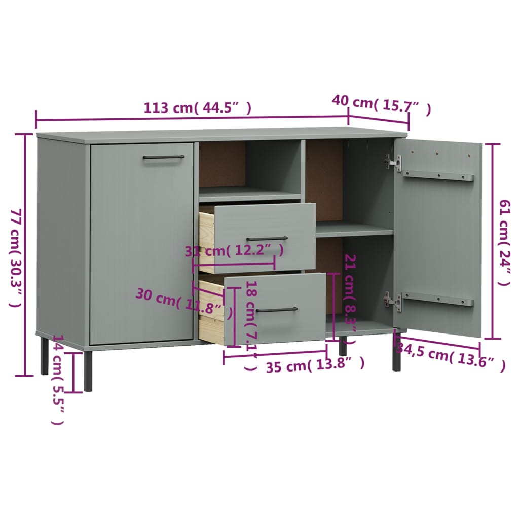 Dressoir met metalen poten OSLO 113x40x77 cm grenenhout grijs is nu te koop bij PeponiXL, paradijselijk wonen!